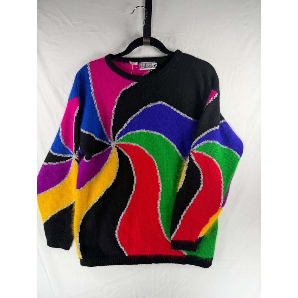 Vintage Rafaella Angora Lambswool Swirl Sweater Multi-Color Metallic Silver M